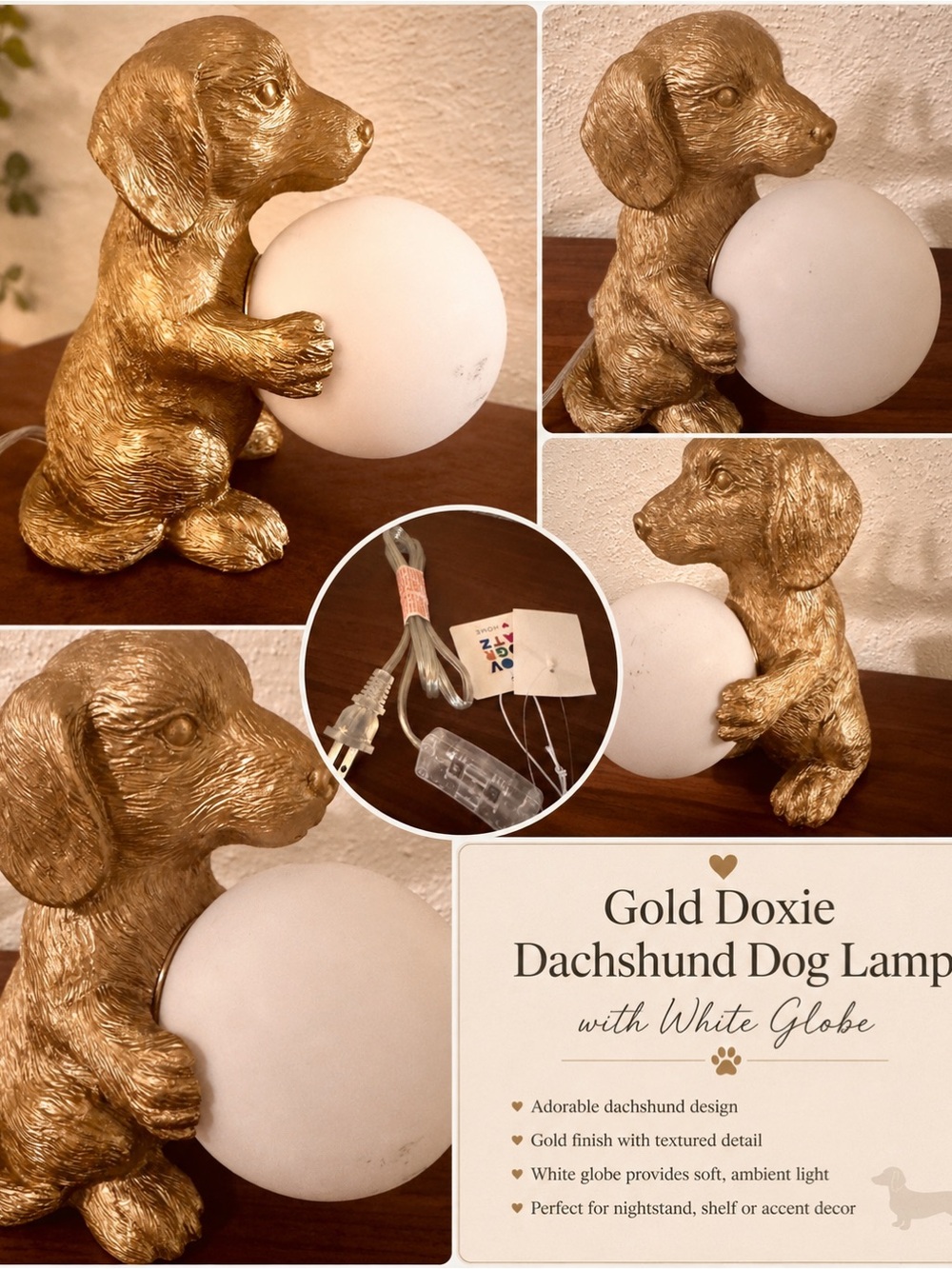 Gold Doxie Dachshund Dog Lamp with White Globe